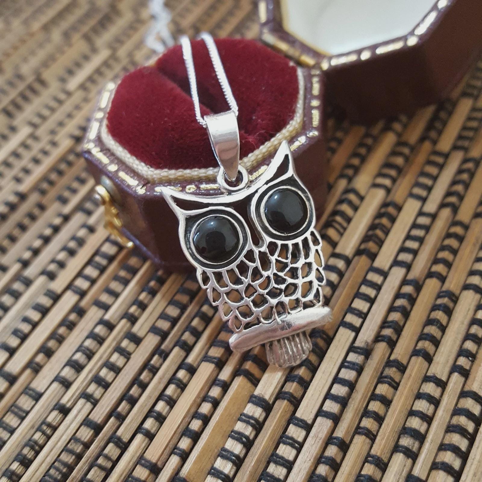 925 Sterling Silver Necklace, Owl Pendant Genuine Black Onyx Eyes, 18" Chain