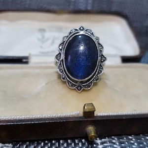 Antique 925 Sterling Silver Ring, Blue Paste And Marcasite, Size L.5 US 6