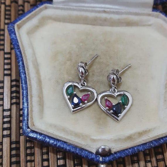 925 Sterling Silver Earrings, Ruby, Emerald And S… - image 3