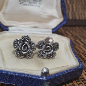 Vintage 925 Sterling Silver Stud Earrings, Genuine Marcasite Studs, Roses