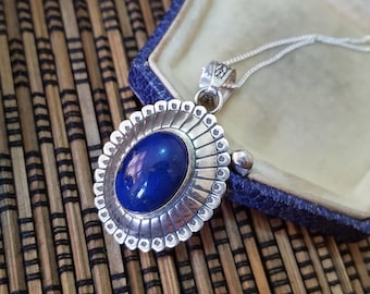 Vintage 925 Sterling Silver Necklace, Blue Lapis Lazuli Pendant, Southwestern