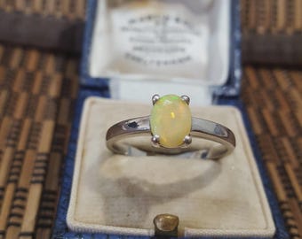925 Sterling Silver Ring, Genuine Multicolour Opal Solitaire, Size T.5 US 9.75