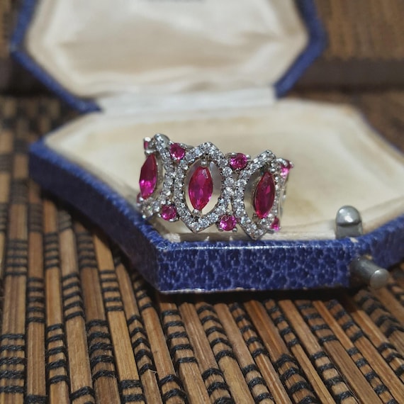 925 Sterling Silver Ring, Lab Created Ruby, Art N… - image 2