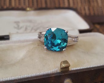 925 Sterling Silver Ring, Aqua Blue Crystal Solitaire, Size N US 6.75