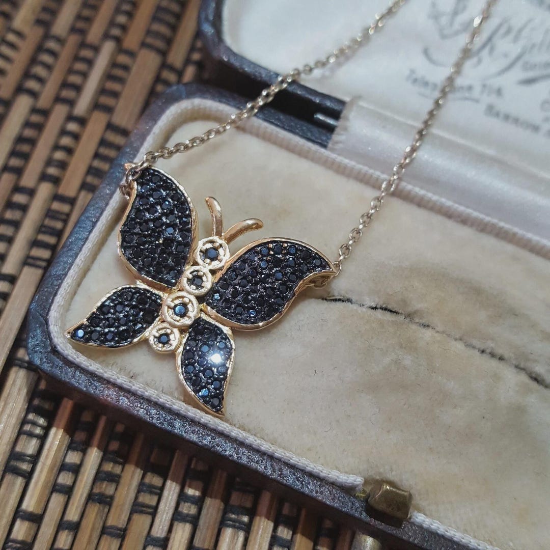 925 Sterling Silver Necklace, Genuine Black Spinel Butterfly