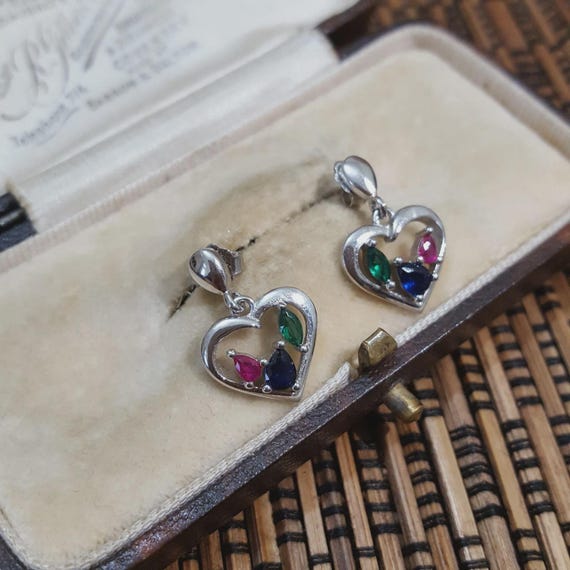925 Sterling Silver Earrings, Ruby, Emerald And S… - image 1