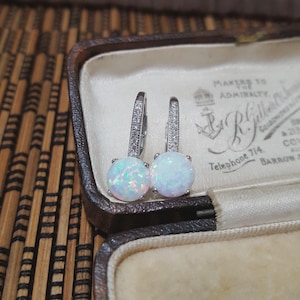 Könnte beinhalten: Ein Paar silberfarbene Ohrringe mit Klappverschluss. Jeder Ohrring hat einen runden, schillernden Opalstein. Die Ohrringe werden in einer Vintage-Schmuckschatulle mit Text präsentiert.