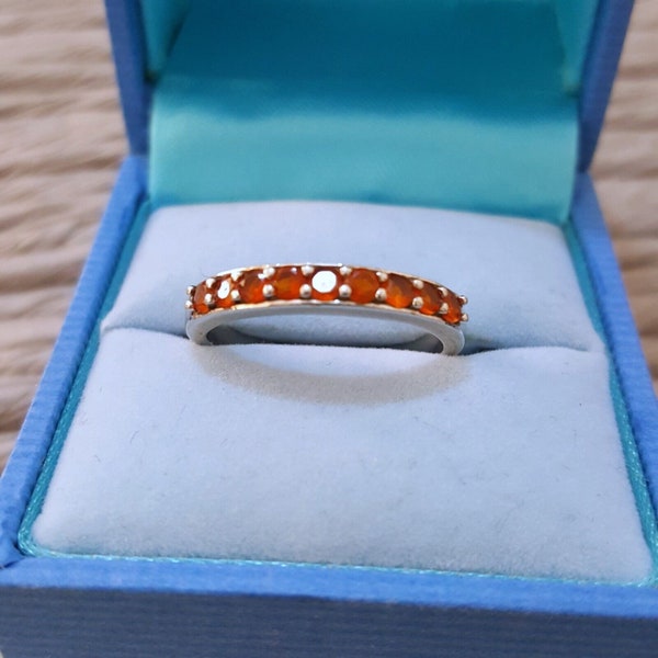 925 Sterling Silver Ring, Genuine Fire Opals, Half Eternity, Size O.5 US 7.5