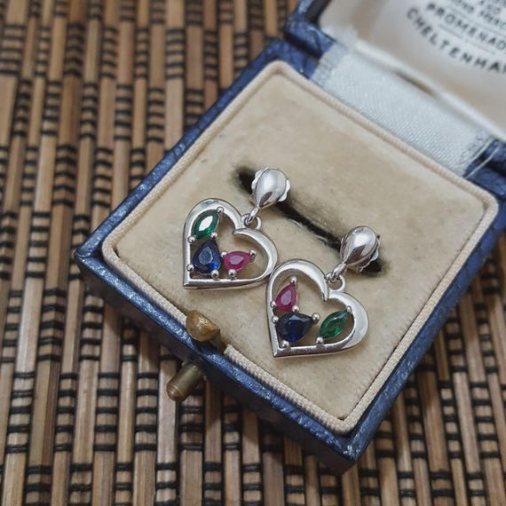 925 Sterling Silver Earrings, Ruby, Emerald And S… - image 2