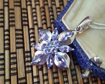 925 Sterling Silver Necklace, Genuine Tanzanite Gemstones Pendant, Floral