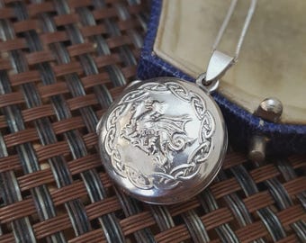 Vintage 925 Sterling Silver Necklace, Vintage Celtic Dragon Locket, 18&quot; Chain