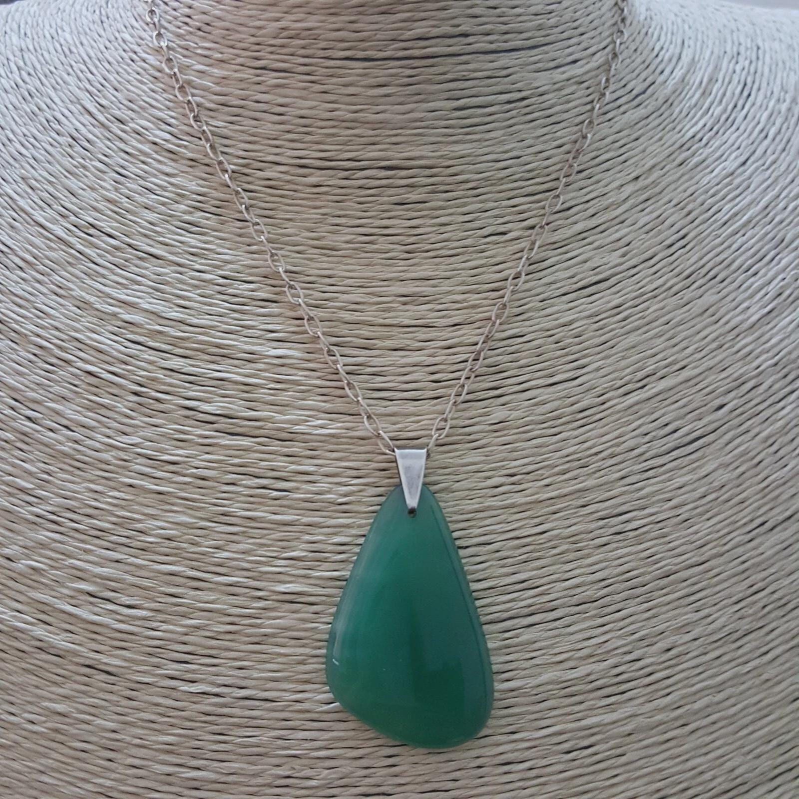 Vintage 925 Sterling Silver Necklace, Genuine Green Chalcedony