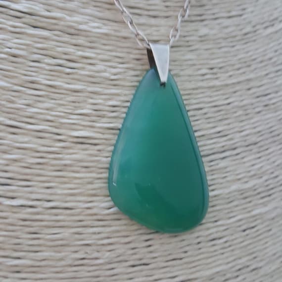 Vintage 925 Sterling Silver Necklace, Genuine Green Chalcedony