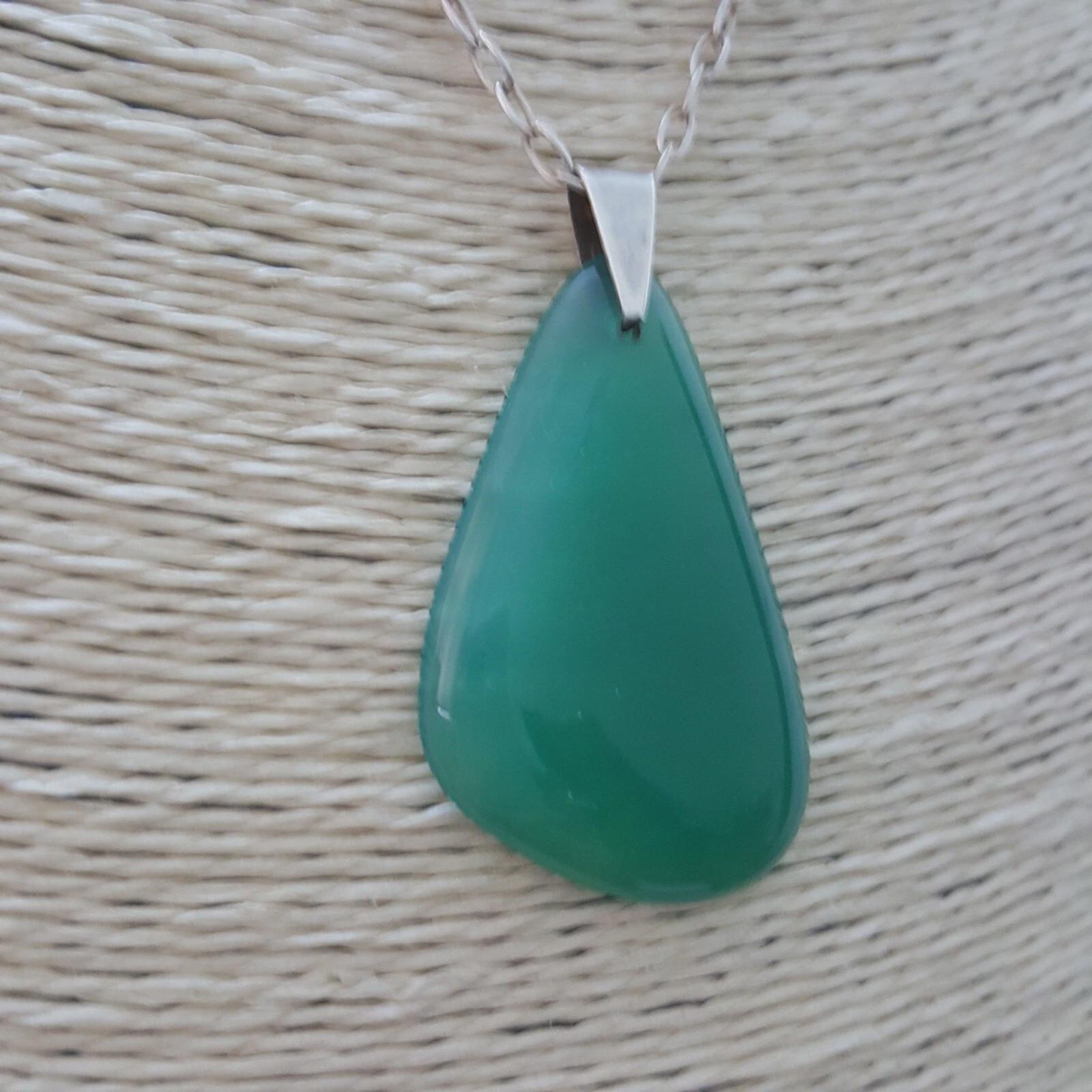 Vintage 925 Sterling Silver Necklace, Genuine Green Chalcedony