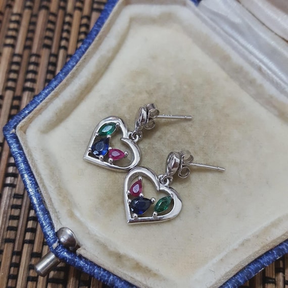 925 Sterling Silver Earrings, Ruby, Emerald And S… - image 6