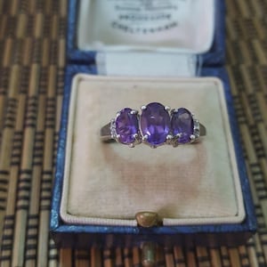 925 Sterling Silver Ring, Natural Amethyst Gemstones Trilogy, Size M.5 US 6.5