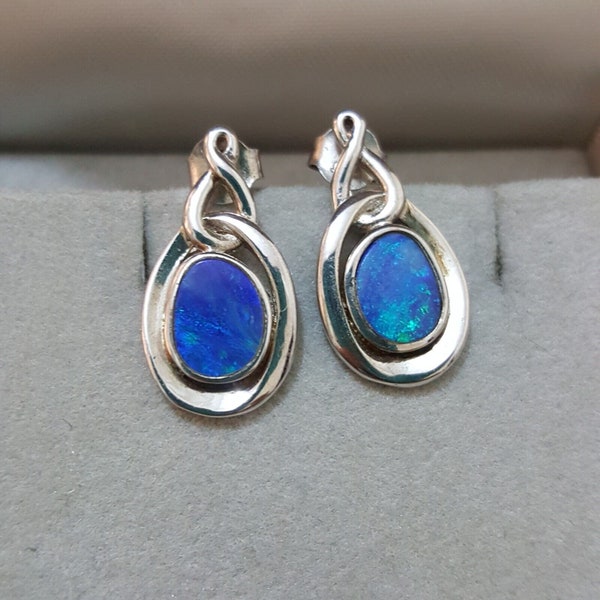 925 Sterling Silver Stud Earrings, Australian Opal Earrings, Celtic Design