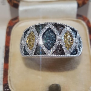 925 Sterling Silver Ring, 1ct Natural Blue Yellow Green Diamonds, Size P US 7.5