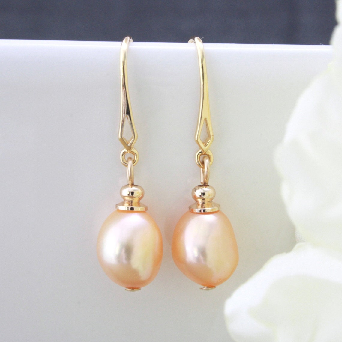 Peach Freshwater Pearl Earrings in Authentic 12/20 Gold Etsy