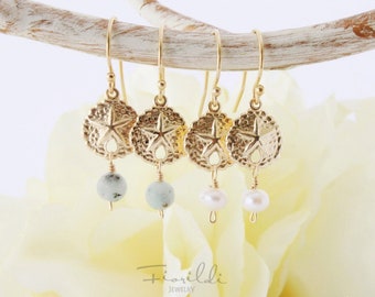 Sand Dollar Gold Filled Drop Dangle Earrings Coastal Jewelry Handmade Wire Wrapped Dainty Charm Gemstone Pearl Kiwi Jasper