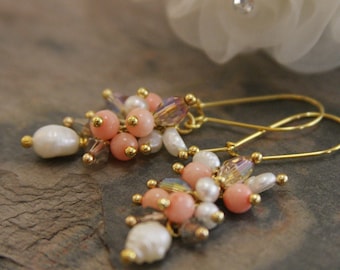 Handmade Peach Coral & Pearl Earrings: 18k Gold Plated Bridal Jewelry