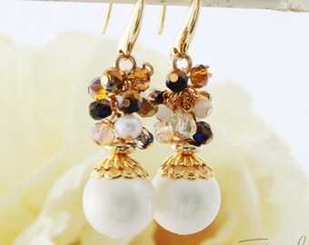 Cluster Pearl Earrings Gold Handmade Czech Glass Multi-Color Pendant Drop Dangle Amber Honey Work Accessories Bridesmaid Anniversary Jewelry