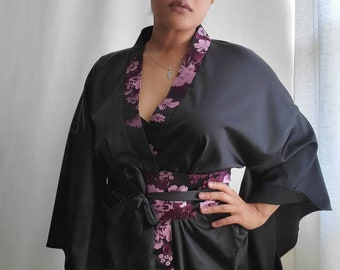 Empress Kimono w/Obi Belt | Kimono | Floral Print| Black Kimono| Lingerie | Kimono Robe | Asian Kimono | Black | Purple | Pink | Brocade