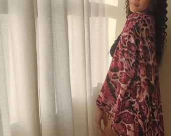 Raspberry Leopard Print Kimono | Kimono | Animal Print| Kimono Robe | Print Kimono | Kimono Duster | Cover-up | Kimono Sleeves | Leopard