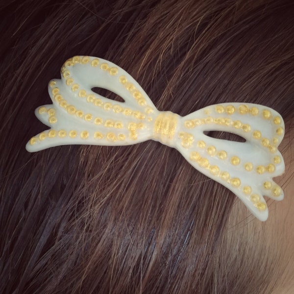 SALE! Vintage FRENCH plastic barrette bow with gold dots from the 1960s 1970s