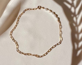 PEARL CHAIN ANKLET | Freshwater Pearl, 14k Gold Fill Paperclip Chain Anklet