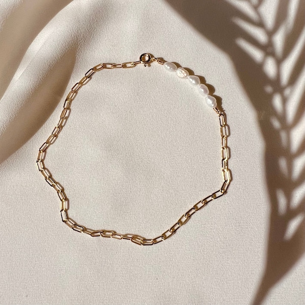PEARL CHAIN ANKLET | Freshwater Pearl, 14k Gold Fill Paperclip Chain Anklet