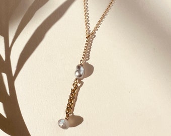 PEARL LABRADORITE LARIAT / Gold Filled Necklace, Curb Chain