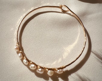 PEARL BANGLE BRACELET | Large Freshwater Pearl, 14k Gold Fill or Sterling Silver, Handmade