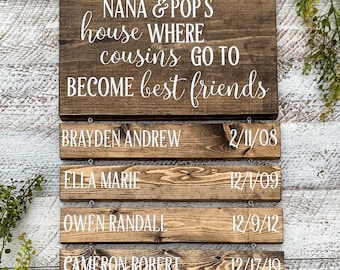 Grandma Gift | Mothers Day Gifts | Grandchildren Sign With Names and Birthdays | Best Friends | Nana & Pops House where cousins go | Custom