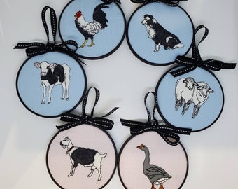 Farm Animal Miniature 4" x 4" Hoop Art Ornaments