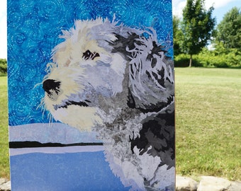 Havanese Dog Wall Art, 18" W x 24" H Fabric Collage Wall Decor, Titled "Hav a nese View", Fabric Art