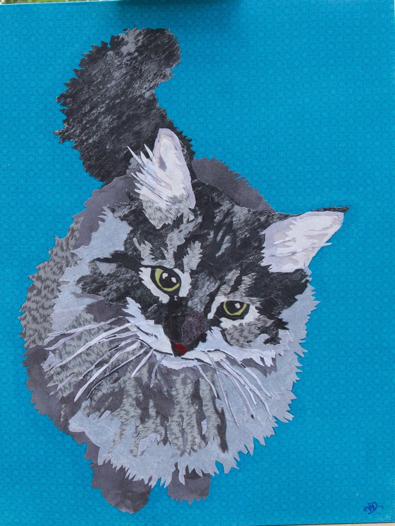 Vivian, 16W x 20H Wall Art, Cat Looking Up, Fabric Collage image 2