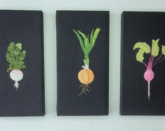 Modern French Country Root Vegetables Wall Art, 6" x 12", Beet, Sweet Potato, Parsnip, Turnip, Onion, Black Linen (UK)