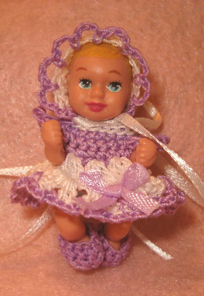 Miniature Handmade Dress,Bonnet and little Booties set for Small Baby Doll