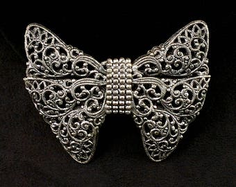 Old Filigree Bow Tie Brooch, Silver Tone, Nice Craftsmanship, Signed Czechoslovakia, 1920s Edwardian Era