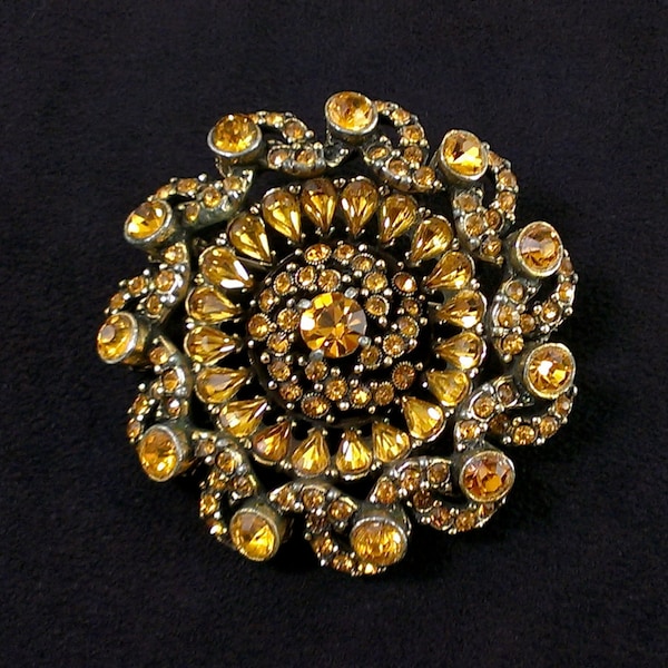 Hollycraft 1954 Brooch, Spectacular Topaz Gold Rhinestones Radial/Round/Swirl/Pinwheel Motif, Teardrops, Gold Tone,