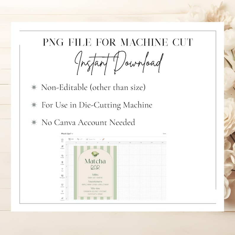 May include: A digital download file with the text "PNG FILE FOR MACHINE CUT" and "Instant Download". The image includes a "Matcha Bar" sign with a green and white striped background. The file is for use in a die-cutting machine and is non-editable.