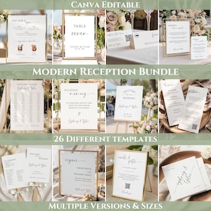 Op de afbeelding: Een collectie van zesentwintig bewerkbare trouwreceptie-sjablonen op wit karton met zwarte minimalistische typografie. De set bevat barmenu's, tafelnummers, zitplannen, welkomstborden en bedankkaartjes met QR-codes.