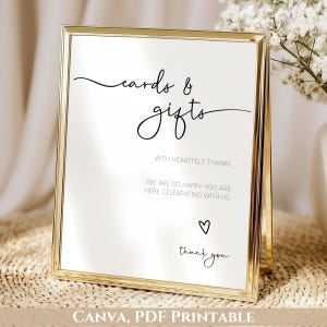May include: A gold framed sign with the words "cards & gifts" in elegant script. The sign includes the phrases "With Heartfelt Thanks", "We are so happy you are here celebrating with us", and "thank you". The bottom of the sign reads "CANVA, PDF PRINTABLE".