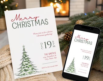 May include: A white Christmas invitation card and a smartphone displaying the same design. The text reads Merry Christmas, Please join us for a festive Christmas gathering, Dec 19 6 PM, The Smith's, 1234 Anywhere St, City, State, Zip.