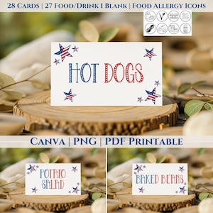 May include: White cards with red, white, and blue star accents and text. The top card reads "HOT DOGS" in red and blue. The bottom cards read "POTATO SALAD" and "BAKED BEANS". The image also includes food allergy icons and the text "CANVA | PNG | PDF PRINTABLE".
