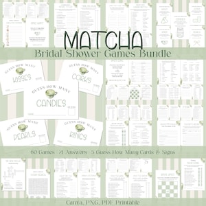 Bridal Shower Games Bundle, 60 Games & 5 Guess How Many Cards, Canva Template, PNG, PDF Printable, Digital Download, Matcha Theme, MB01