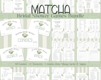 Bridal Shower Games Bundle, 60 Games & 5 Guess How Many Cards, Canva Template, PNG, PDF Printable, Digital Download, Matcha Theme, MB01