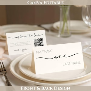 May include: Cream-coloured wedding place cards with black text. One card reads "capture the love" with a QR code and instructions. The other card says "First Name" and "Last Name" with the word "one" in the middle. "Front & Back Design" is at the bottom.