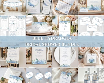 Hydrangea Bridal Shower Bundle, Canva Template (Digital Download), Invitation, Games, Signs, Something Blue, HY01